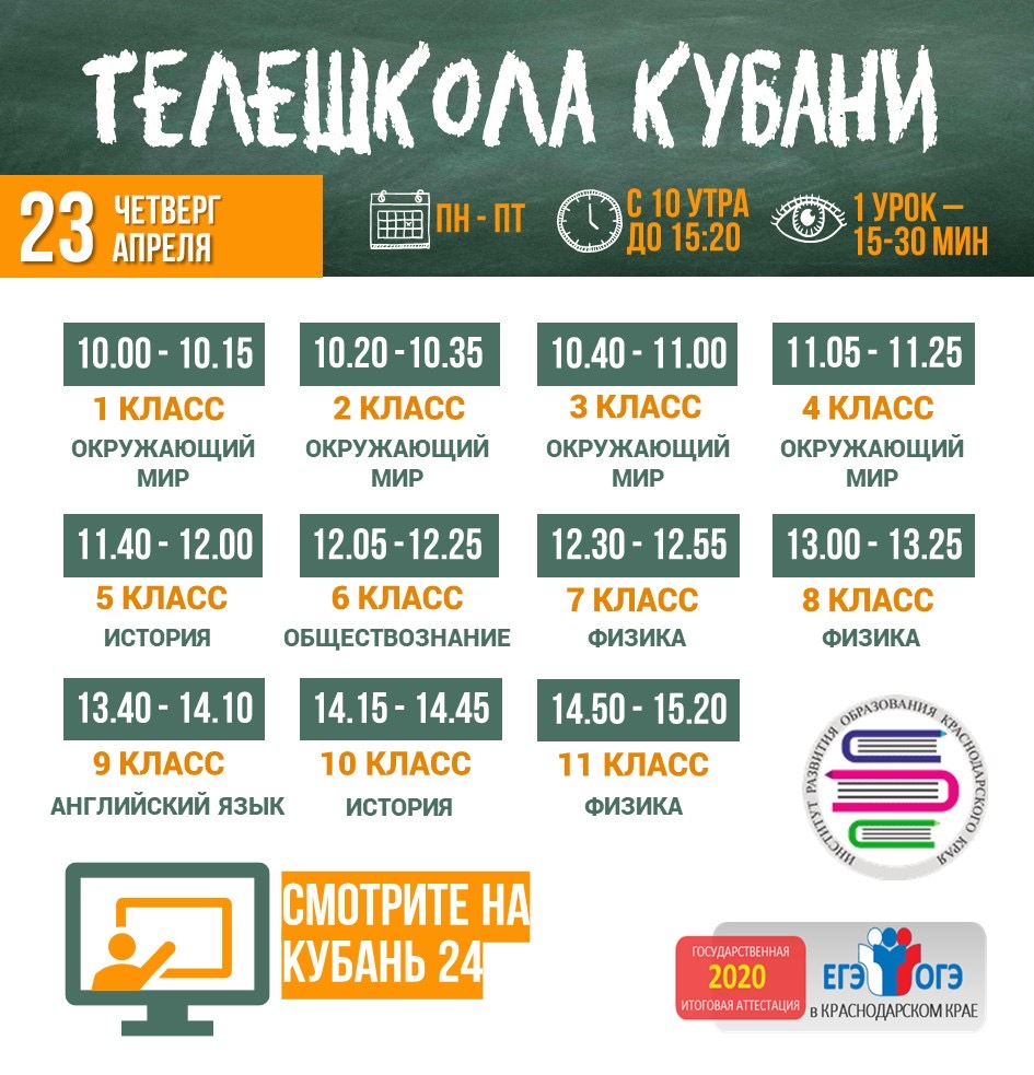 Расписание занятий "Телешкола Кубани"на 23.04.2020