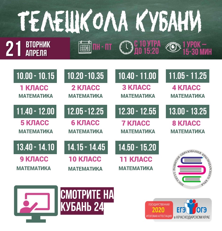 Расписание занятий "Телешколы Кубани" на 21.04.2020